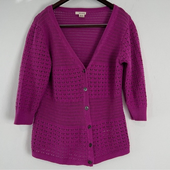 Bright Fuchsia Open Knit Button-Front Cardigan – Women’s Medium DKNY Crochet - Picture 1 of 7